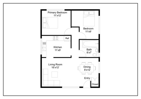 Floor plan for 2 beds, 1 bath, 850 sqft